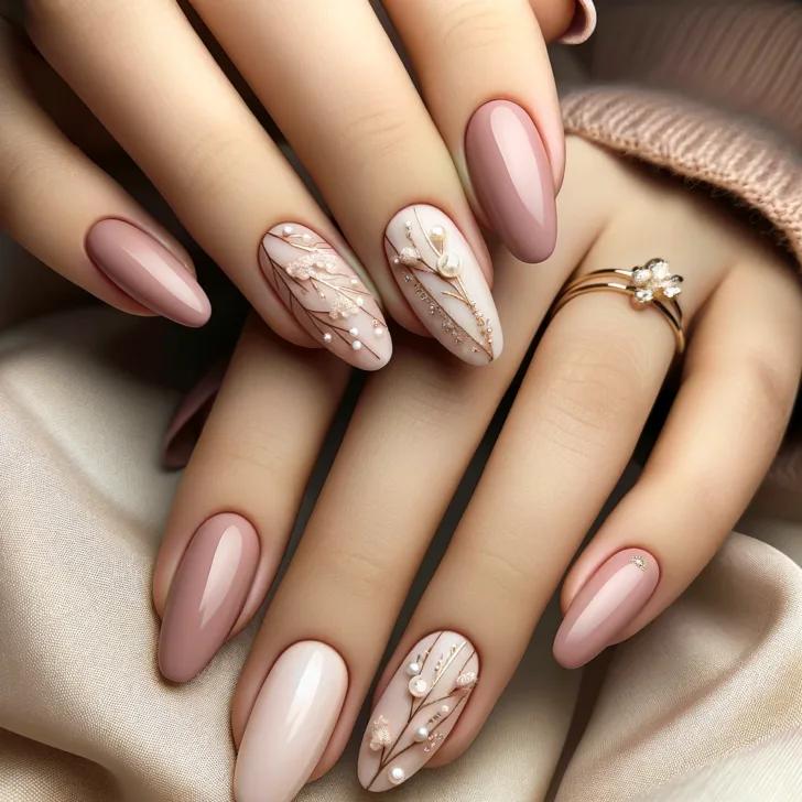 Mauve and ivory almond nails with pearls and gold branches