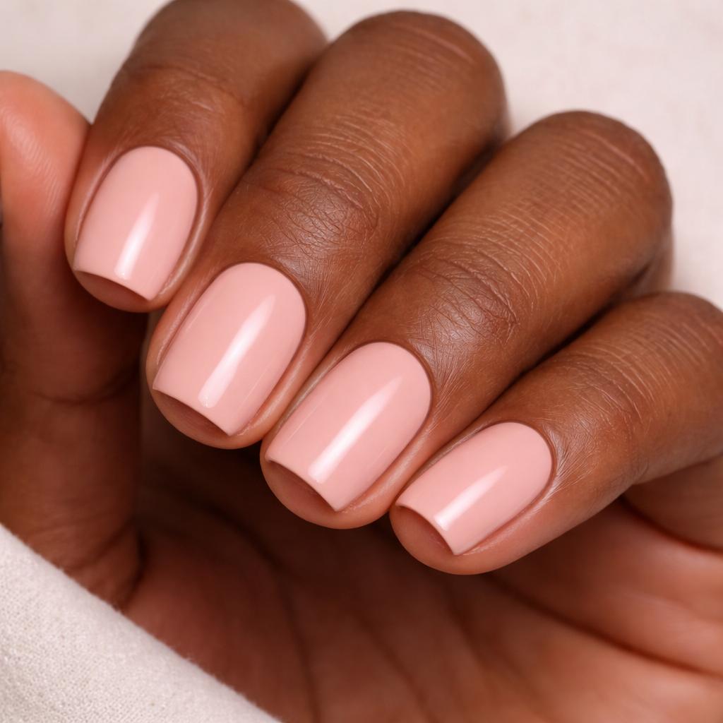 Short square nails in glossy peach gel