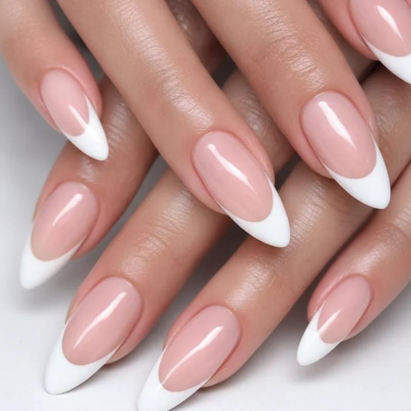 Pointed almond extensions with deep white French tips