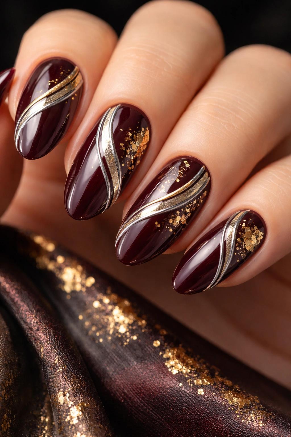 Glossy burgundy oval nails with gold and silver swirl lines