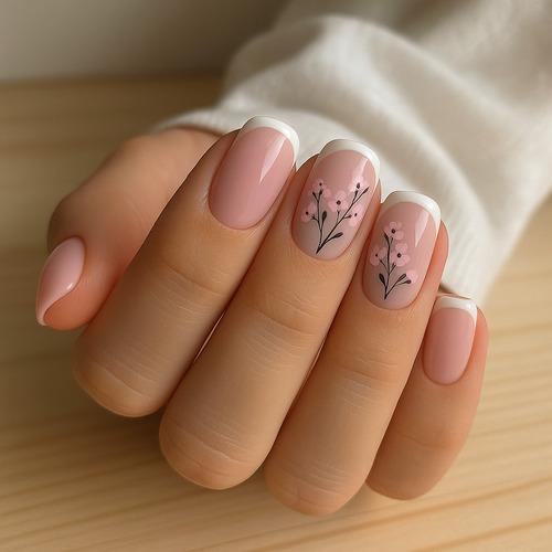 Short French manicure with tiny pink flower accent nails