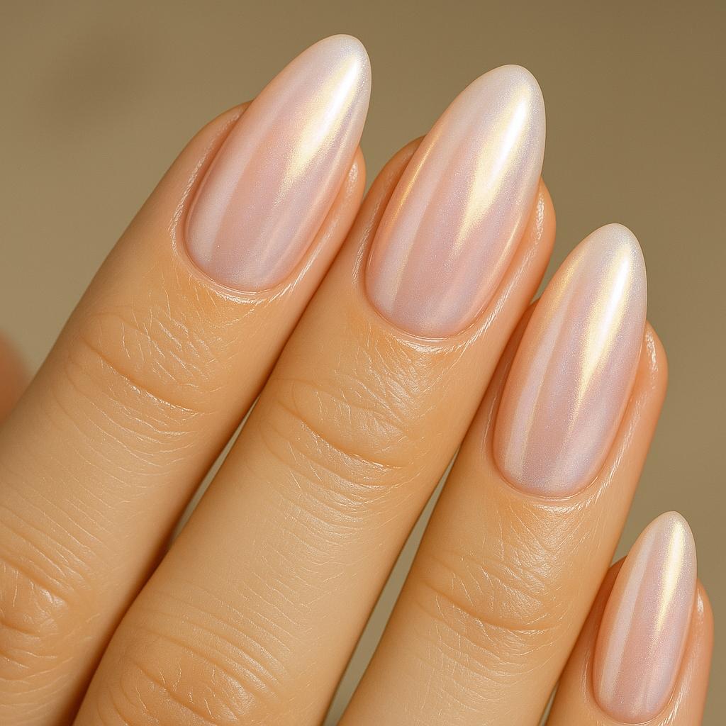 Almond nails with soft pearl chrome finish