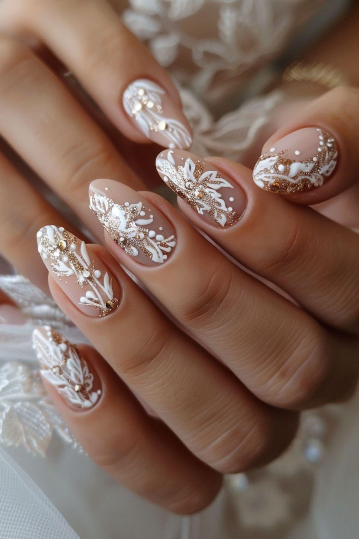 Nude almond nails with white lace-style art, rose gold glitter and stones