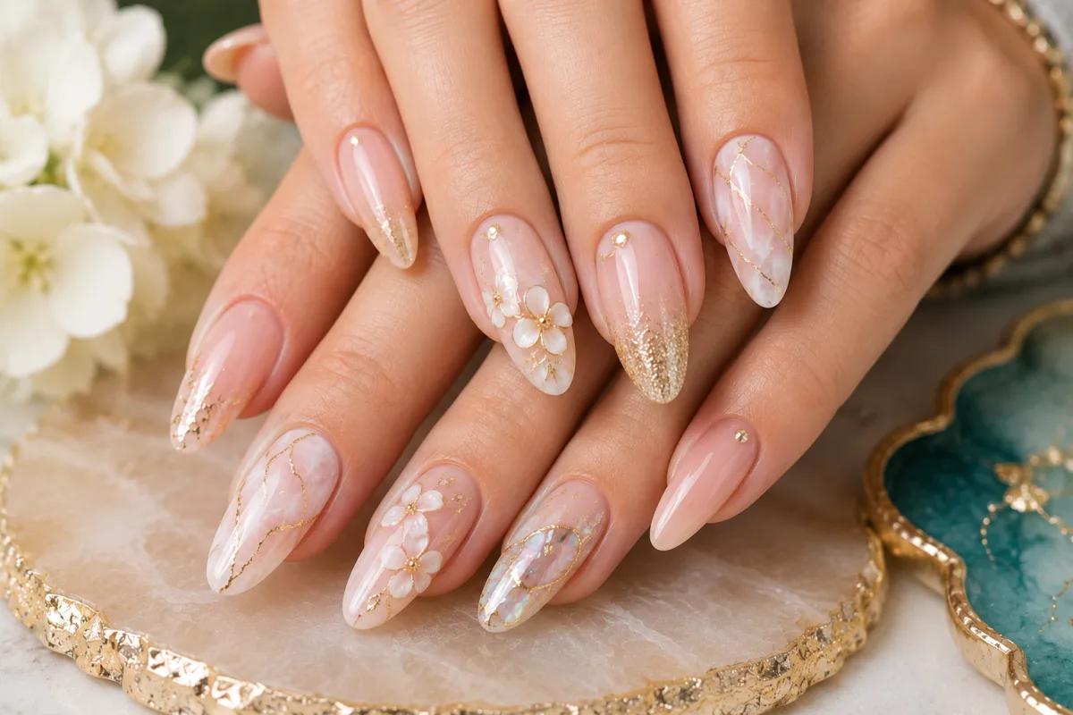 Almond nails with marble, gold flakes, flowers and gold glitter tips