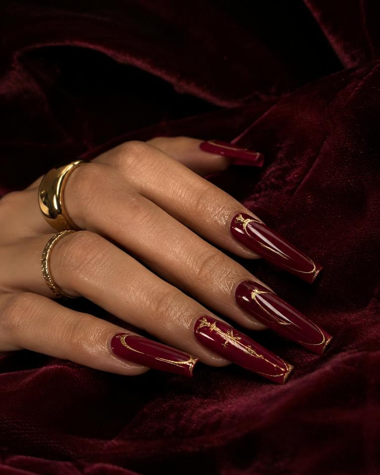 Long deep berry coffin acrylic nails with gold lines