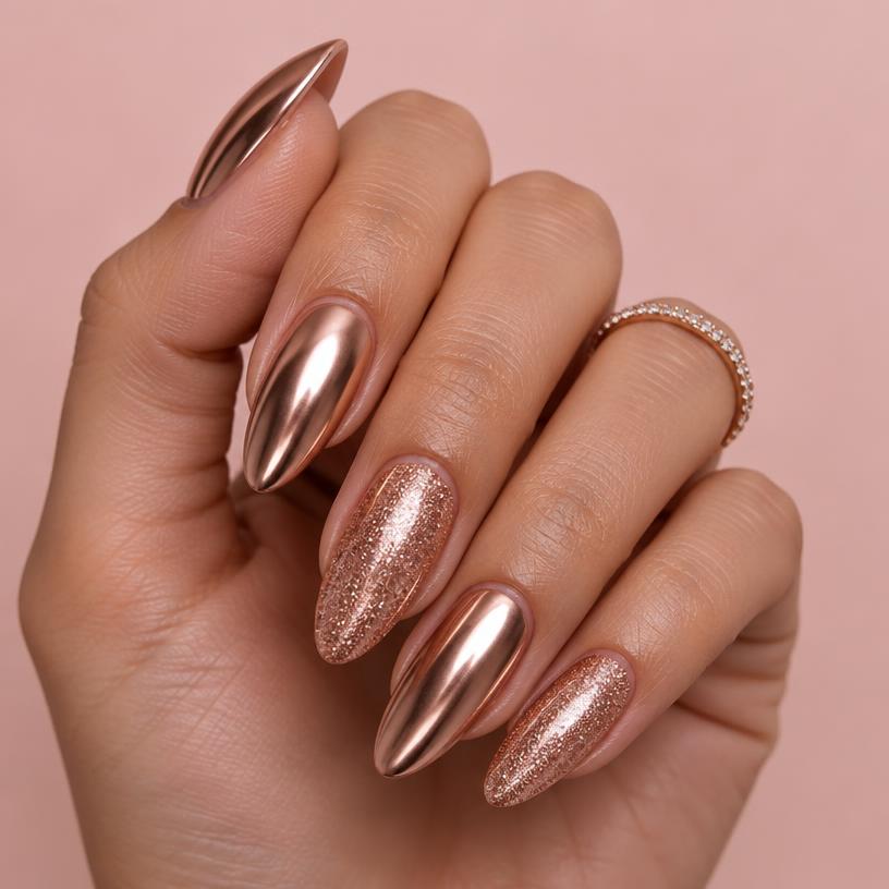 Rose gold chrome and glitter almond nails