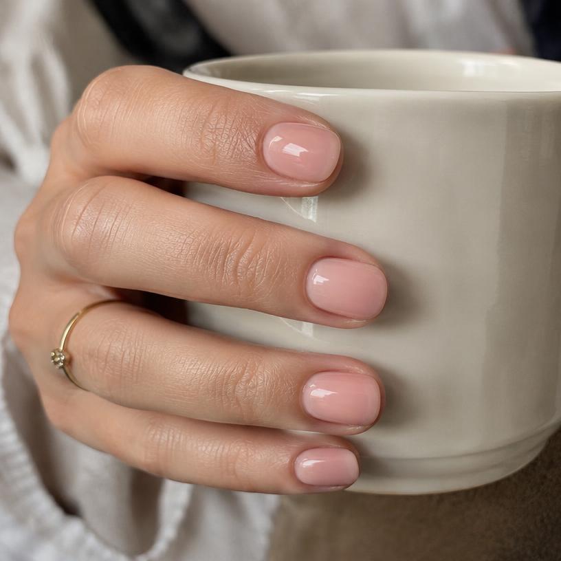 Short rounded nails in glossy soft pink gel